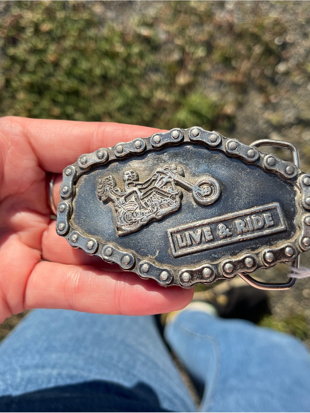 Live & Ride Motorcycle Chain Motif Belt Buckle - Antique Silver